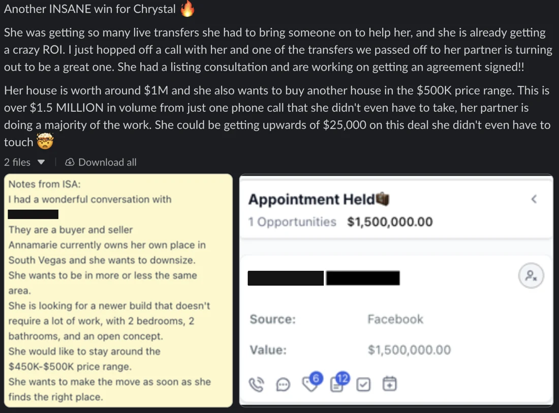A transfer her partner handled: over $1.5 million in volume from one call.