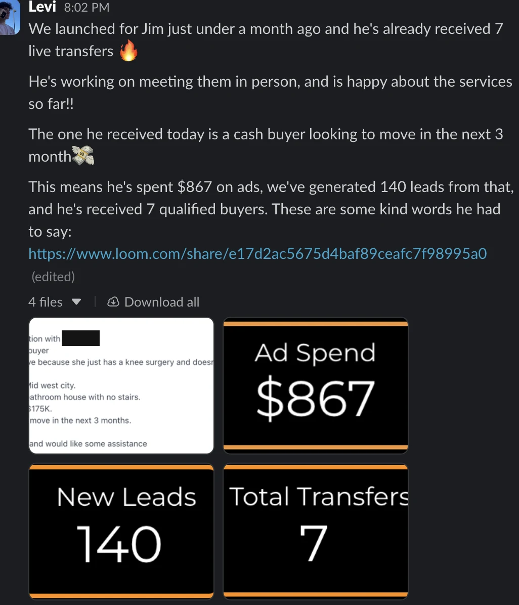 Just under a month live: $867 in ad spend, 140 leads, 7 live transfers.
