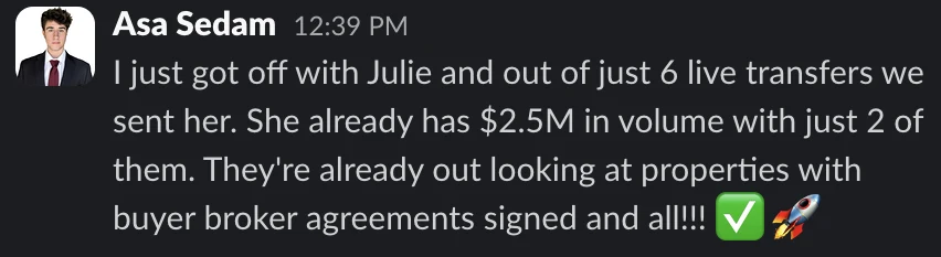 $2.5M in volume from 2 of her first 6 transfers, buyer agreements signed.