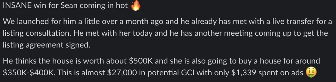 A little over a month in: a listing consultation on a $500K home, plus her next purchase.