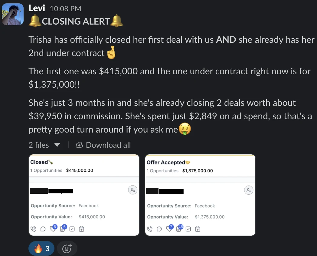 3 months in: first closing at $415,000, second under contract at $1,375,000.
